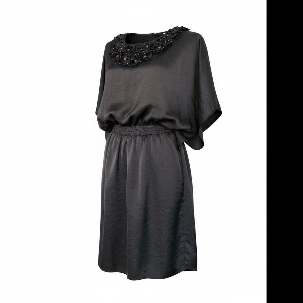 AB Studio Black Embellished Dress Beaded Neckline Short Sleeve Elastic Waist LG